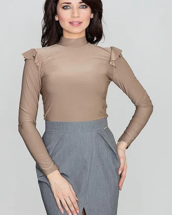 Bluza dama  bej, poliester, maneci lungi, ornament volan