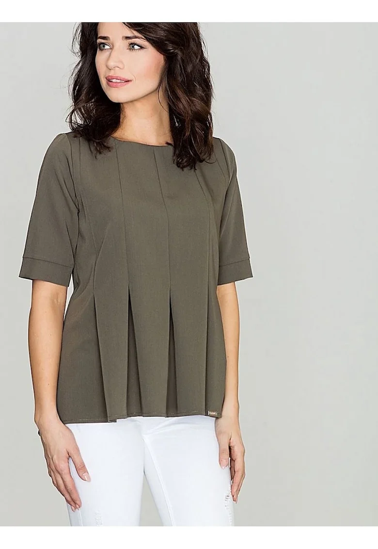 Bluza dama,  verde, poliester si viscoza, maneci scurte, decolteu rotund