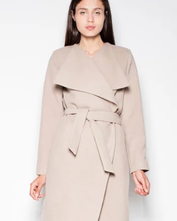Palton dama  elegant, cu guler raspandit, bej, poliester 80% - viscoza 20%