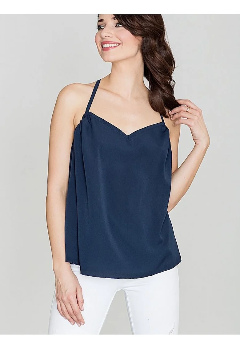 Bluza dama,  bleumarin, decolteu la spate, volan la spate, poliester.