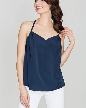 Bluza dama,  bleumarin, decolteu la spate, volan la spate, poliester.
