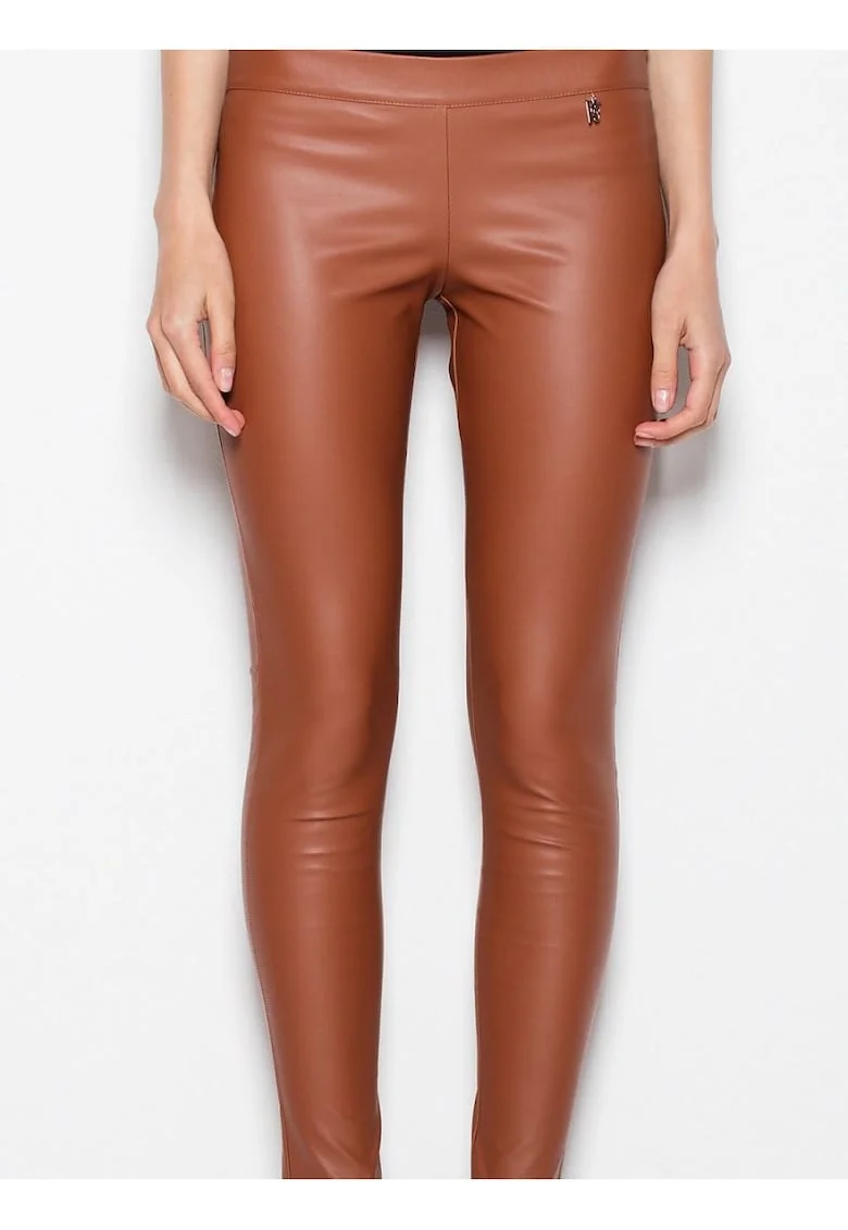 Pantaloni dama,  imitatie de piele, picioare subtiri, maro, poliester,
