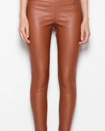 Pantaloni dama,  imitatie de piele, picioare subtiri, maro, poliester,