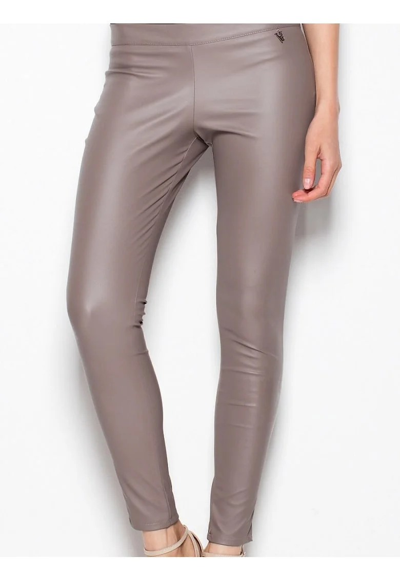 Pantaloni dama  eleganti, bej, imitatie de piele, cu fermoar lateral,