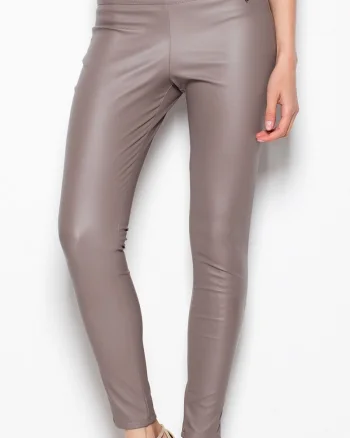 Pantaloni dama  eleganti, bej, imitatie de piele, cu fermoar lateral,