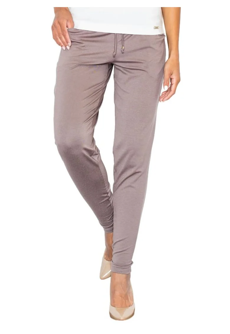 Pantaloni dama  M280, cu snur, maro, viscoza/elastan