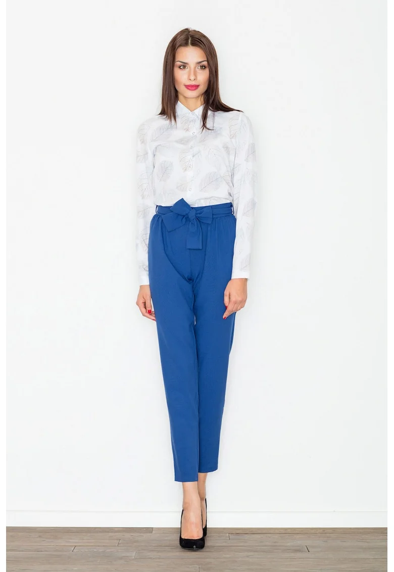 Pantaloni dama  skinny, bleumarin, cu cravata in talie,