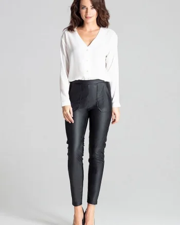 Pantaloni dama,  piele ecologica, buzunare mari, negru