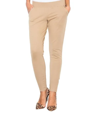Pantaloni dama  M338, cu buzunare, bej, poliester/elastan