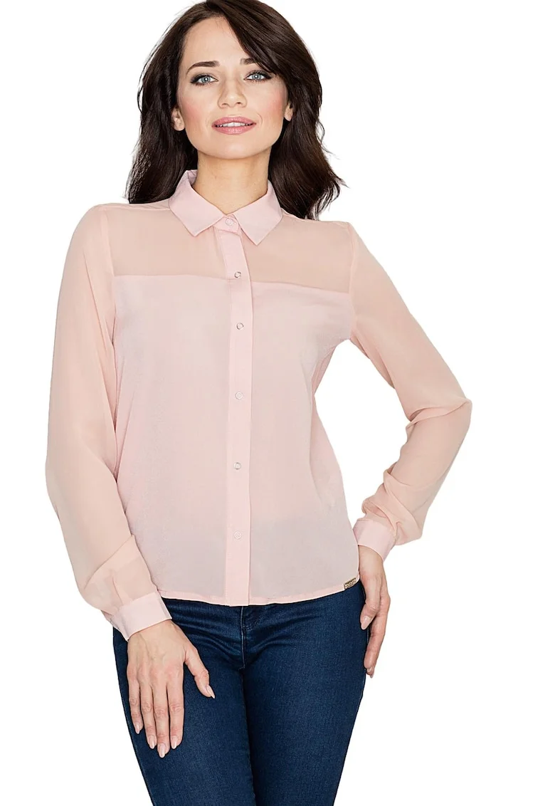 Camasa dama  K229, roz, poliester/elastan, maneca lunga, design elegant,