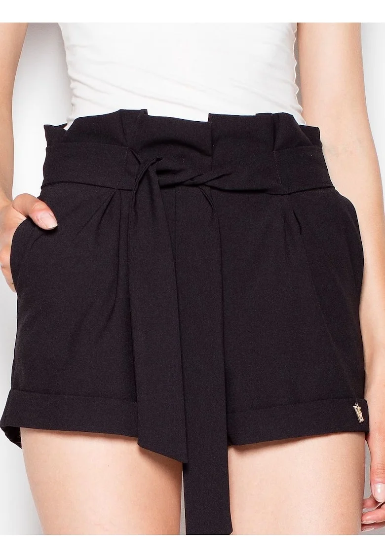 Pantaloni scurti dama  cu talie inalta, buzunare laterale, negru, poliester