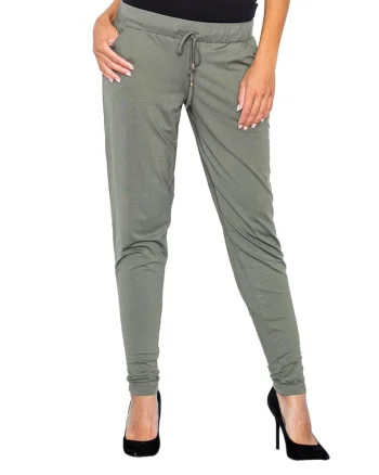 Pantaloni dama  M280, verde, viscoza/elastan, legati in talie, lejeri,