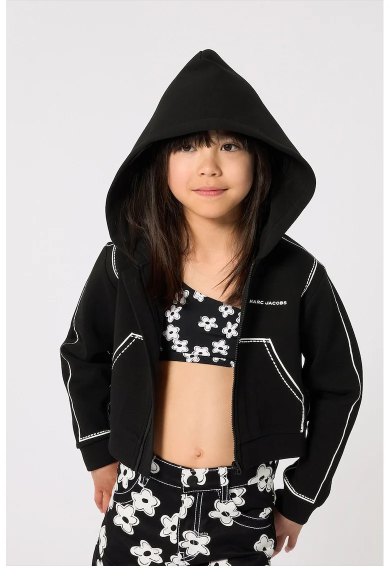 Costum de baie din doua piese cu model floral, Alb/Negru