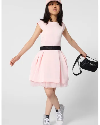 Rochie evazata cu maneci scurte, Negru/Roz pastel
