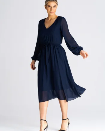 Rochie midi evazata,  bleumarin, cu maneci bufante, poliester