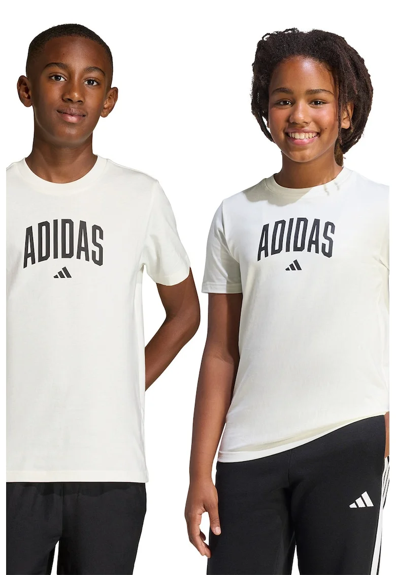 Tricou din bumbac cu decolteu la baza gatului si logo, Alb/Negru