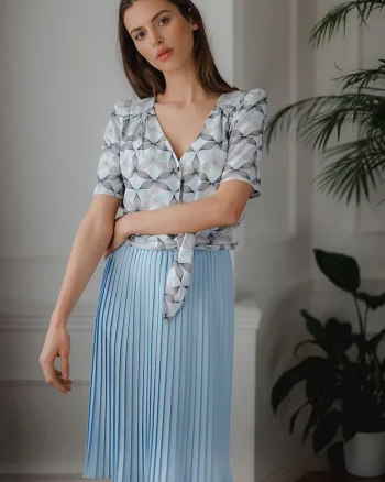 Fusta midi,  plisata, talie elastica, albastra, poliester,