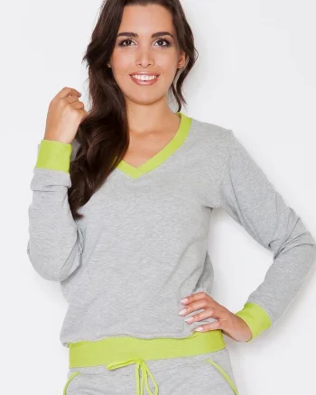Bluza dama  gri, maneci lungi, decolteu in V, bumbac 75%