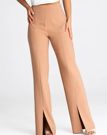 Pantaloni dama  M955, eleganti, cu talie inalta, plisati, maro, poliester, viscoza, elastan