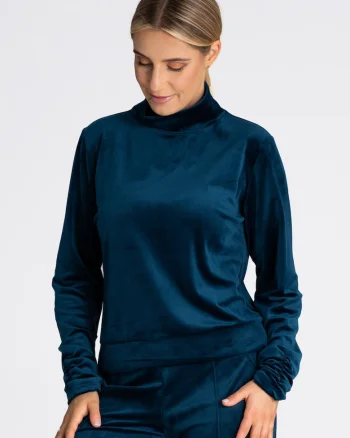 Hanorac de dama  M967, catifea, bleumarin, guler inalt, maneci lungi
