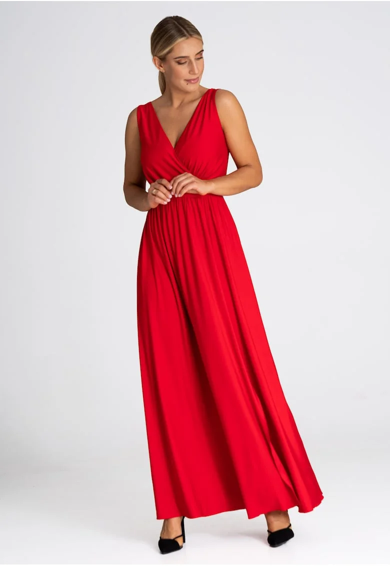 Rochie lunga  M960, rosie, fara maneci, poliester-elastan