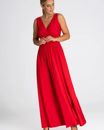 Rochie lunga  M960, rosie, fara maneci, poliester-elastan