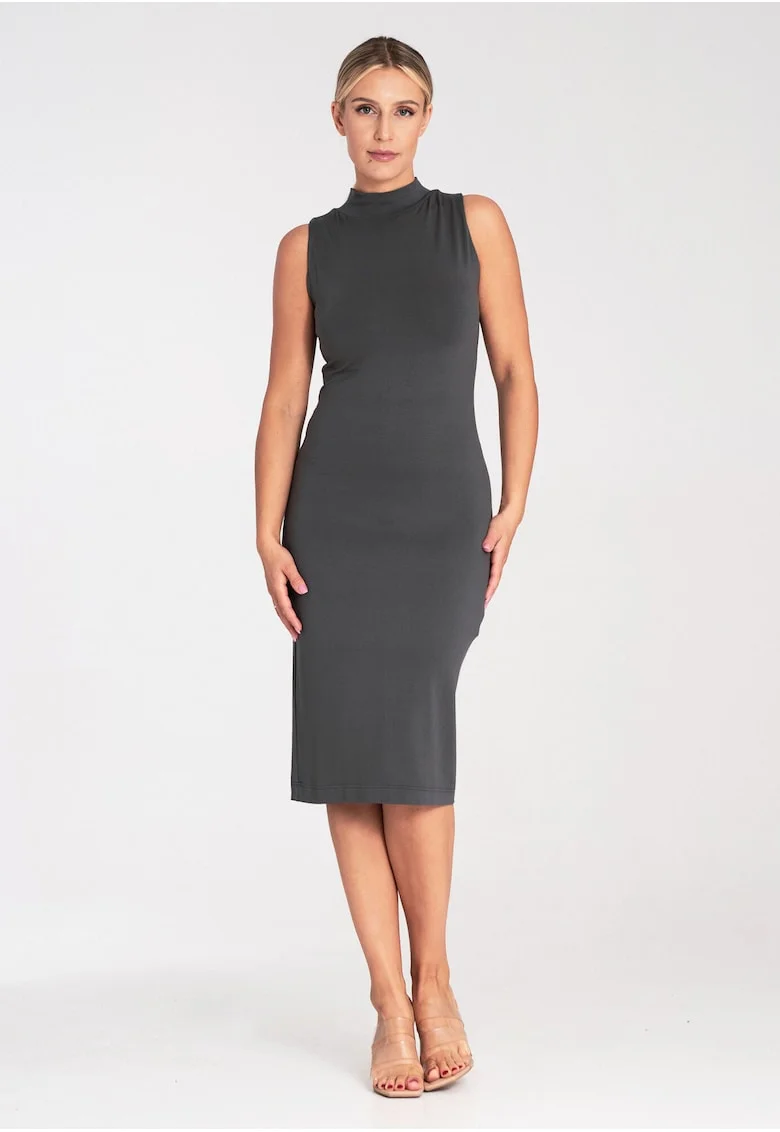Rochie  mulata, cu guler, gri, viscoza
