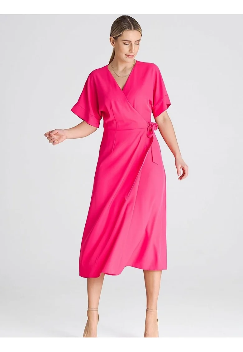 Rochie  maneci kimono, cravata in talie, poliester, roz, poliester