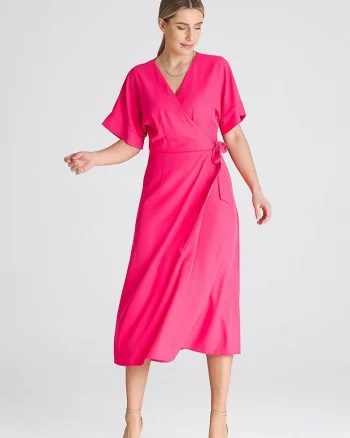 Rochie  maneci kimono, cravata in talie, poliester, roz, poliester