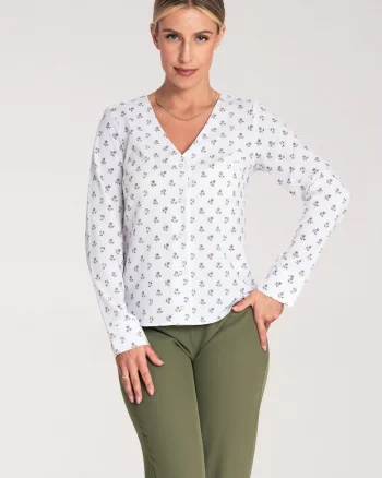 Bluza dama,  Maneca lunga, Cu flori, Poliester/Elastan, Alb