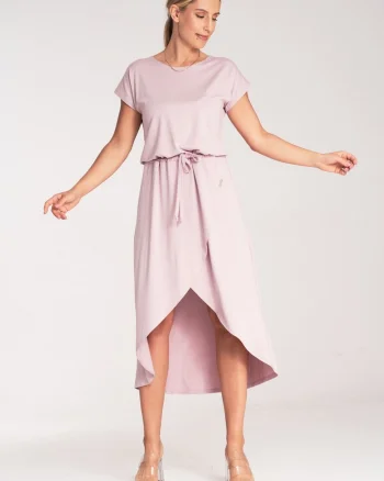 Rochie midi asimetrica,  viscoza, roz
