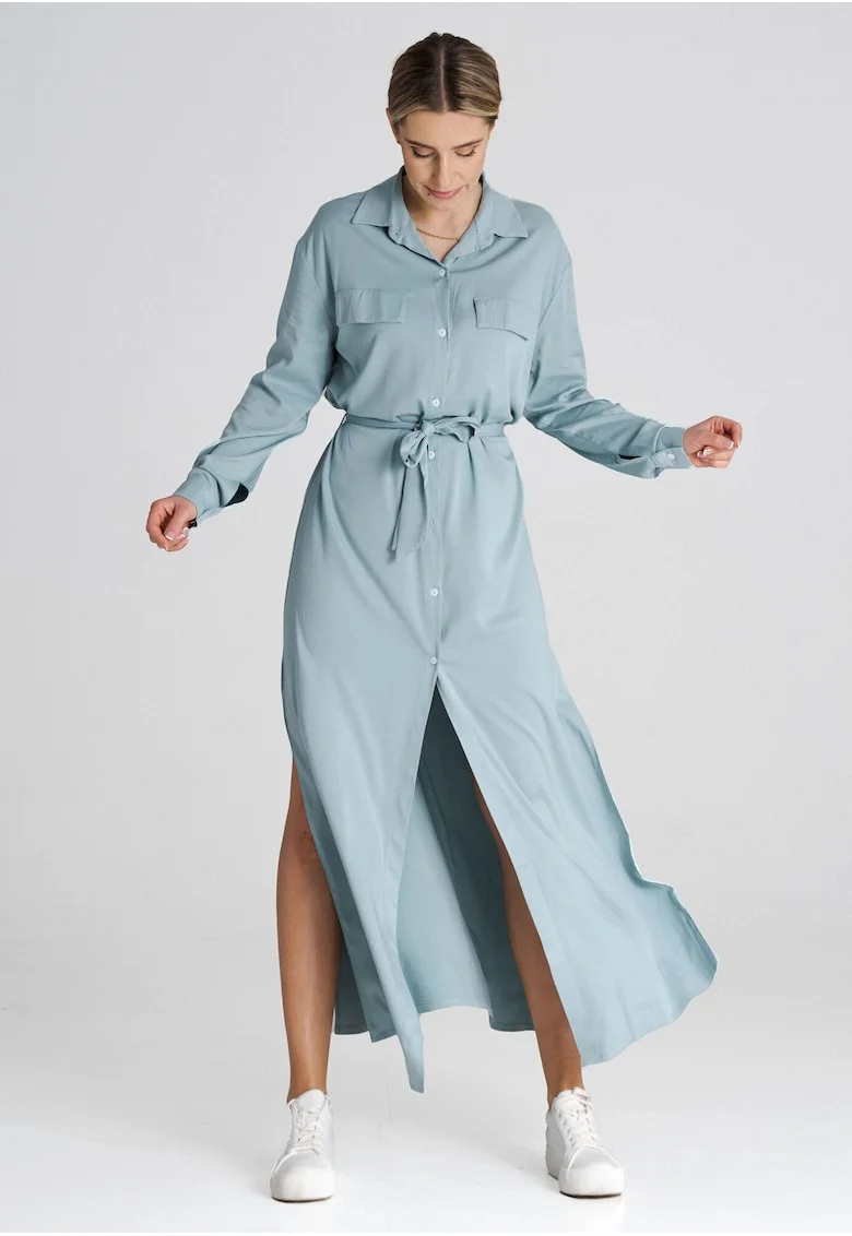 Rochie camasa lunga  menta, maneci lungi, guler clasic, poliester
