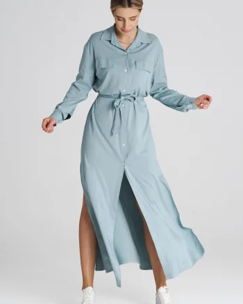 Rochie camasa lunga  menta, maneci lungi, guler clasic, poliester