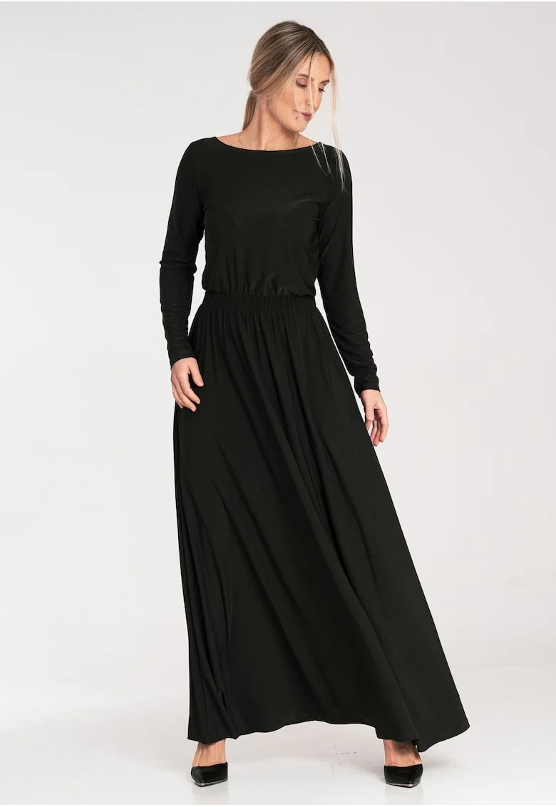 Rochie lunga,  model M1052, maneci lungi, neagra, poliester-elastan