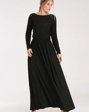 Rochie lunga,  model M1052, maneci lungi, neagra, poliester-elastan