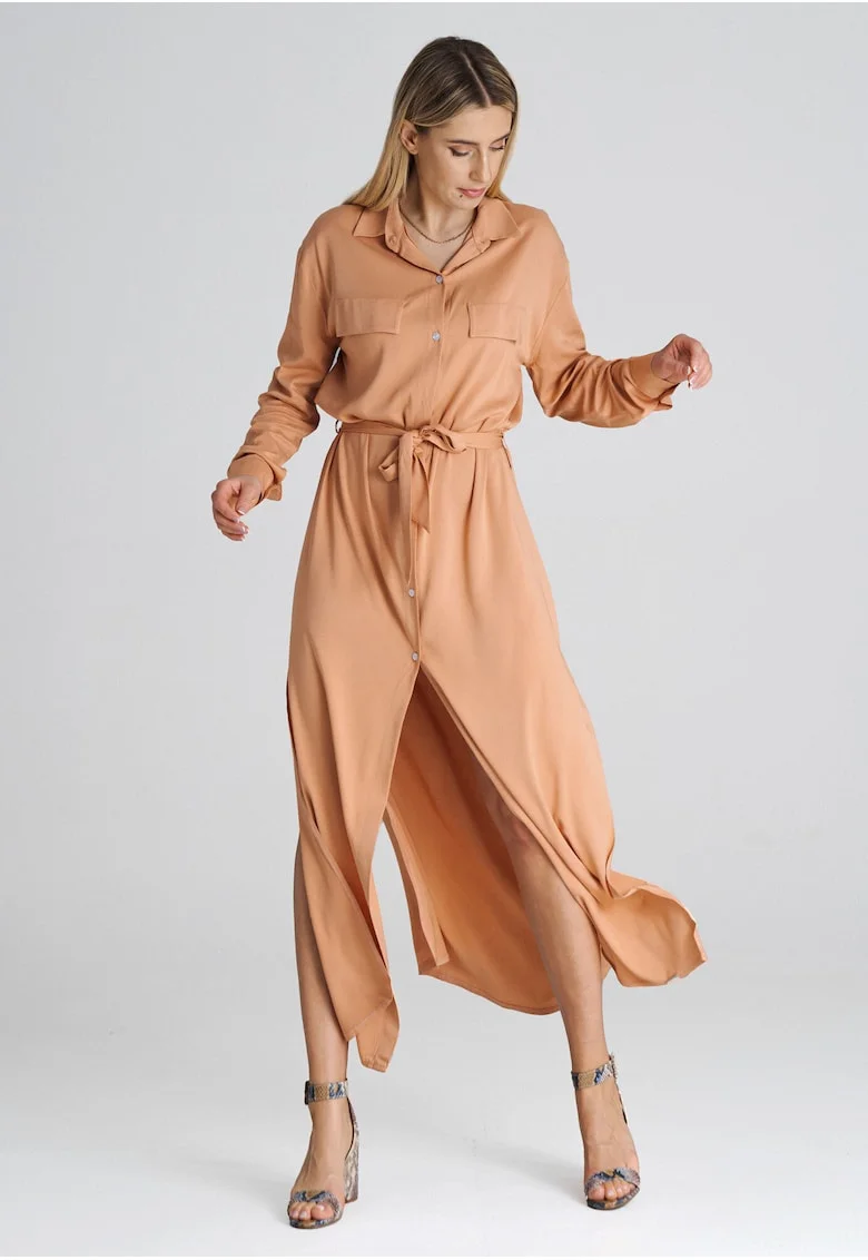 Rochie camasa maxi  portocalie, croiala lejera, poliester