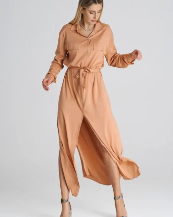 Rochie camasa maxi  portocalie, croiala lejera, poliester