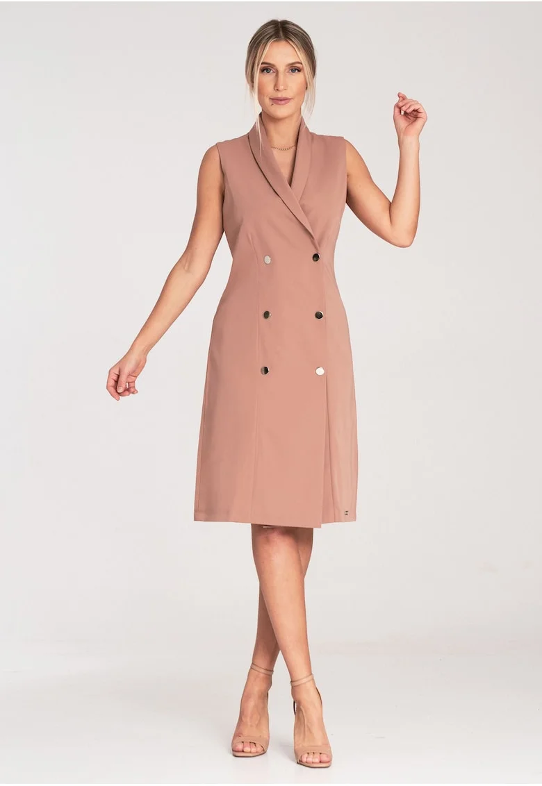Rochie blazer midi  bej, poliester-viscoza, croiala ajustata, fara maneci, cu nasturi