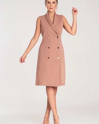 Rochie blazer midi  bej, poliester-viscoza, croiala ajustata, fara maneci, cu nasturi