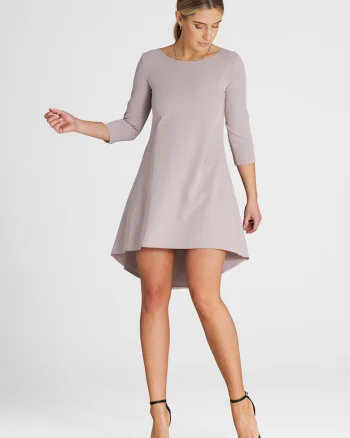 Rochie midi eleganta  bej, asimetrica, maneci 3/4, poliester-viscoza