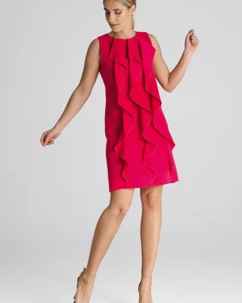 Rochie trapez  M1002, rosu, cu volane, 65% poliester, 35% viscoza