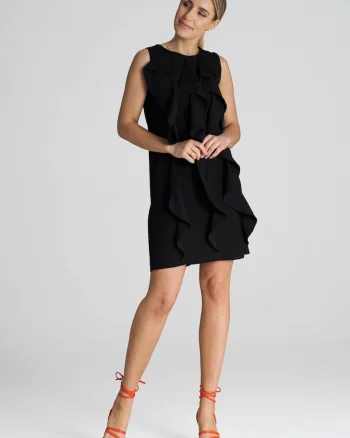 Rochie trapez  M1002, cu volane delicate, poliester/viscoza, negru