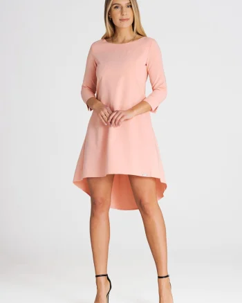 Rochie  asimetrica, maneca 3/4, roz, poliester
