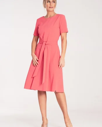 Rochie midi  A-line, eleganta, coral, poliester