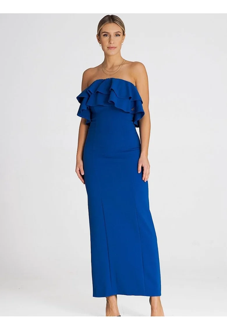 Rochie maxi  eleganta, volane duble, albastru, elastan, poliester, viscoza