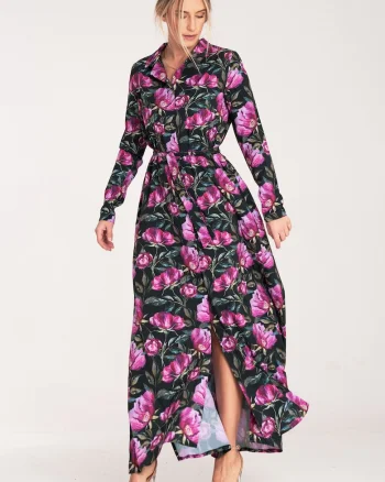 Rochie maxi,  negru floral, cu nasturi, poliester