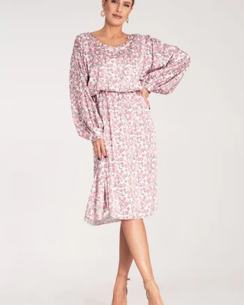 Rochie bufanta  maneci voluminoase, imprimeu floral, roz, poliester-elastan,