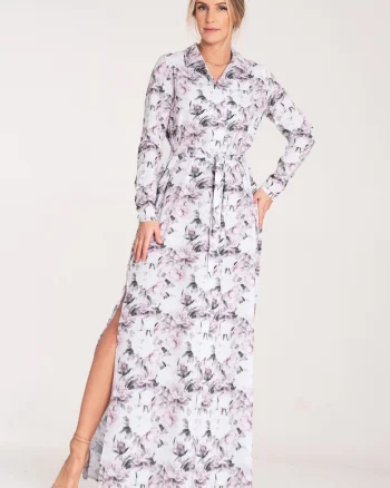 Rochie maxi  cu nasturi, florala, alb-roz, poliester-elastan