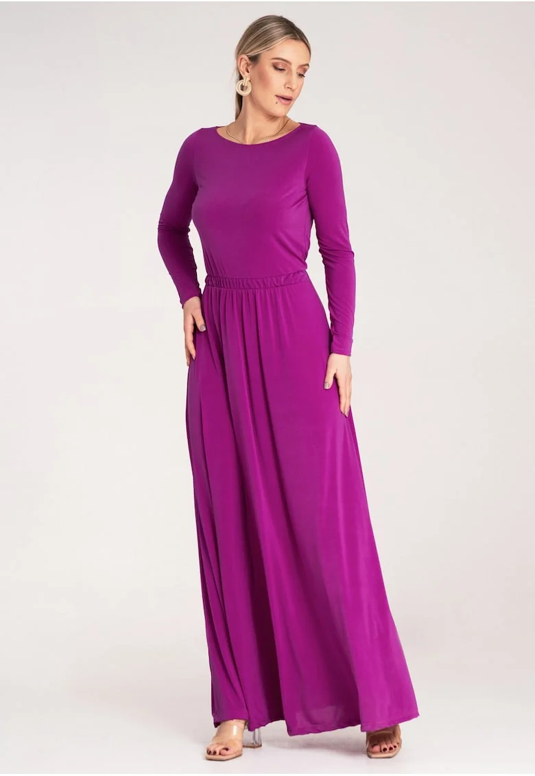 Rochie maxi,  fucsia, maneci lungi, poliester