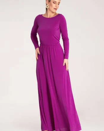 Rochie maxi,  fucsia, maneci lungi, poliester